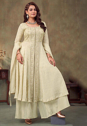 Hand Embroidered Georgette Front Slit Pakistani Suit in Off White