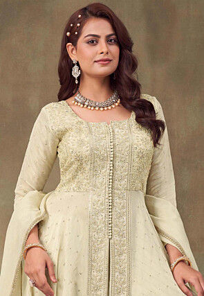 Hand Embroidered Georgette Front Slit Pakistani Suit in Off White