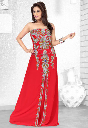 Hand Embroidered Georgette Fustan in Red