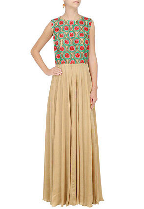 Hand Embroidered Georgette Gown in Beige