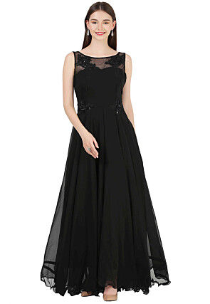 Hand Embroidered Georgette Gown in Black
