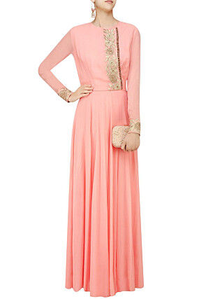 Hand Embroidered Georgette Gown in Light Peach