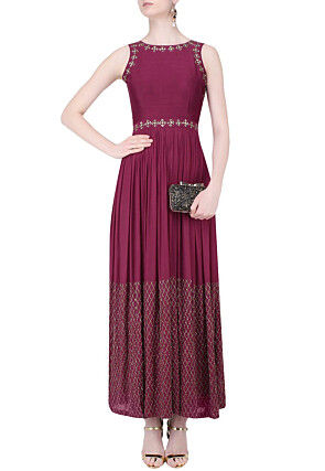 Hand Embroidered Georgette Gown in Magenta