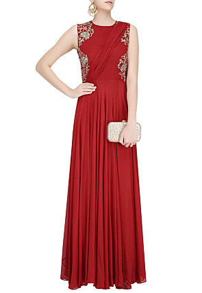 Hand Embroidered Georgette Gown in Maroon