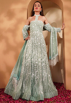 Hand Embroidered Georgette Gown in Pastel Green
