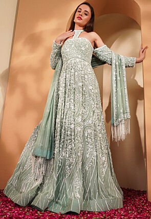 Hand Embroidered Georgette Gown in Pastel Green