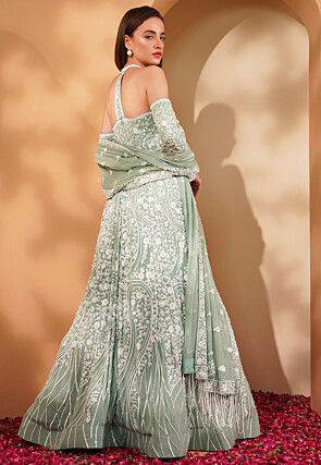 Hand Embroidered Georgette Gown in Pastel Green