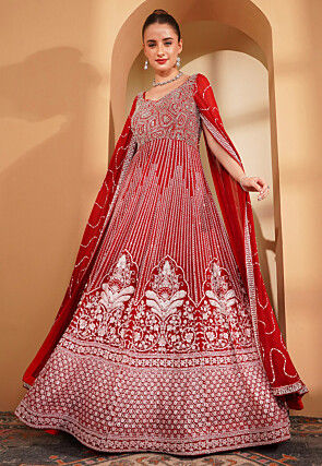 Hand Embroidered Georgette Gown in Red