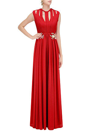 Hand Embroidered Georgette Gown in Red