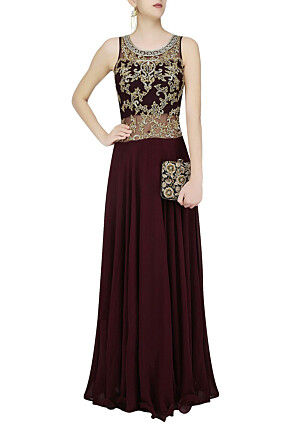 Hand Embroidered Georgette Gown in Wine