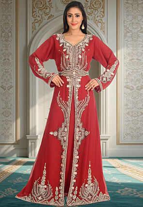 Hand Embroidered Georgette Moroccan Abaya in Maroon