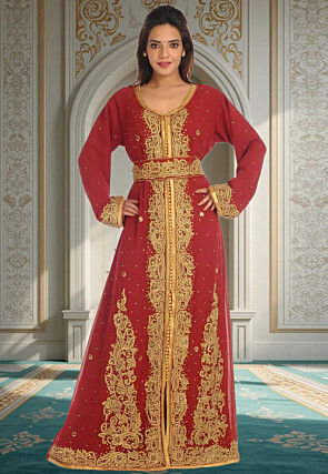 Hand Embroidered Georgette Moroccan Abaya in Maroon