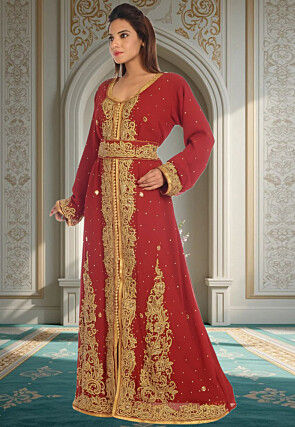 Hand Embroidered Georgette Moroccan Abaya in Maroon