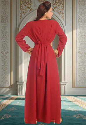 Hand Embroidered Georgette Moroccan Abaya in Maroon