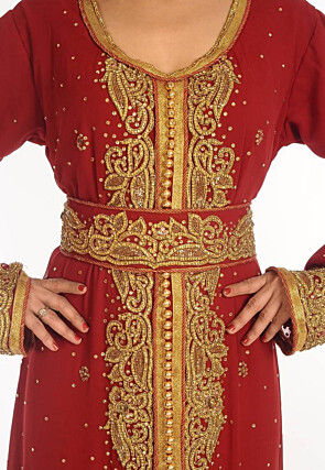 Hand Embroidered Georgette Moroccan Abaya in Maroon