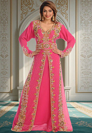 Hand Embroidered Georgette Moroccan Abaya in Pink