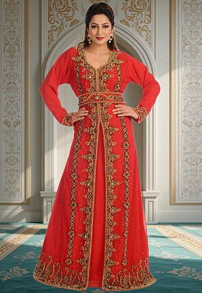 Hand Embroidered Georgette Moroccan Abaya in Red