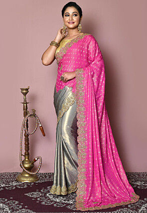 Hand Embroidered Georgette Jacquard Saree in Pink and Silver