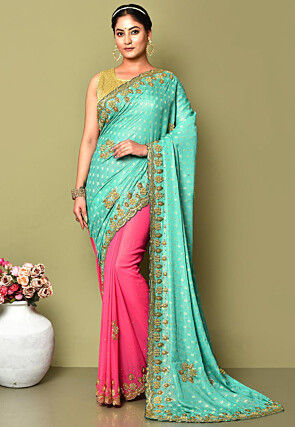 Hand Embroidered Georgette Jacquard Half N Half Saree in Sea Green and Pink