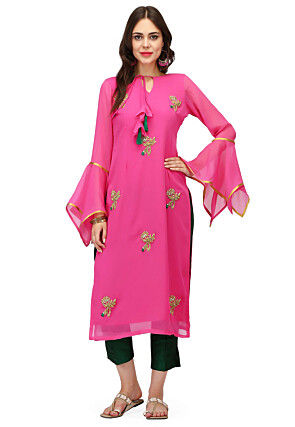 Hand Embroidered Georgette Kurta in Pink