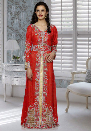 Hand Embroidered Georgette Layered Abaya in Red and Golden