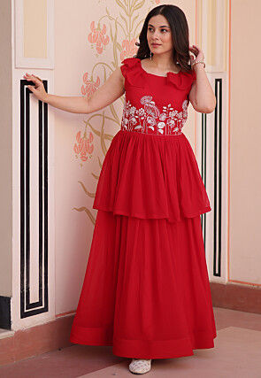 Hand Embroidered Georgette Layered Gown in Red