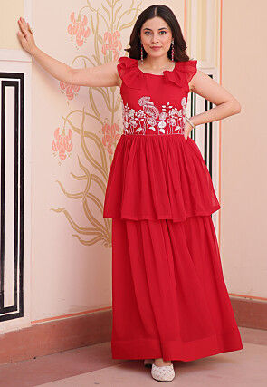 Hand Embroidered Georgette Layered Gown in Red