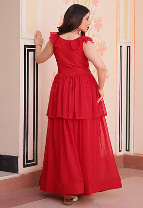 Hand Embroidered Georgette Layered Gown in Red