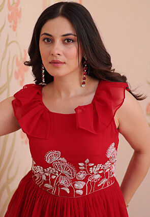 Hand Embroidered Georgette Layered Gown in Red