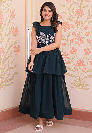 Hand Embroidered Georgette Layered Gown in Teal Blue