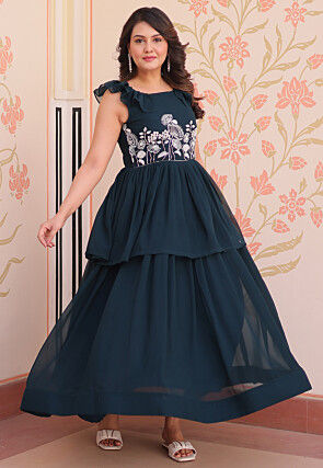 Hand Embroidered Georgette Layered Gown in Teal Blue