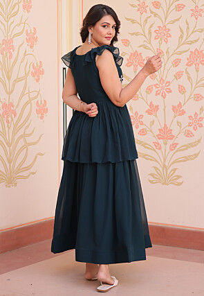 Hand Embroidered Georgette Layered Gown in Teal Blue