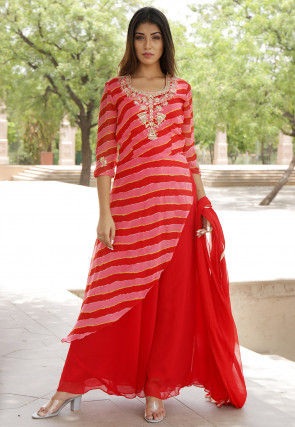 Hand Embroidered Georgette Layered Kurta in Red