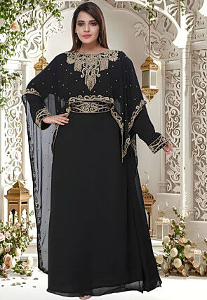 Hand Embroidered Georgette Layered Moroccan Kaftan in Black