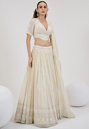 Hand Embroidered Georgette Lehenga in Off White