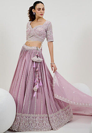 Hand Embroidered Georgette Lehenga in Purple