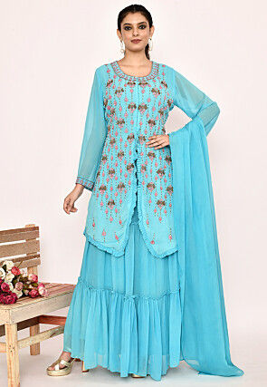 Hand Embroidered Georgette Lehenga in Sky Blue