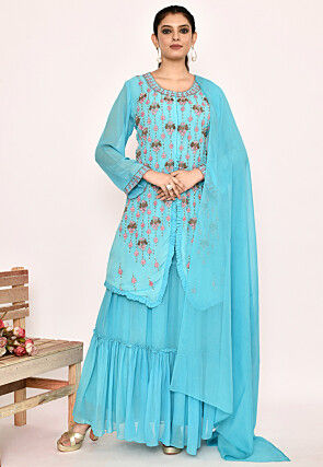 Hand Embroidered Georgette Lehenga in Sky Blue