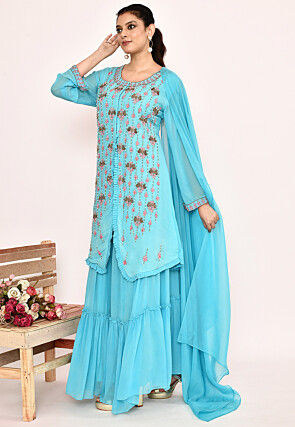 Hand Embroidered Georgette Lehenga in Sky Blue