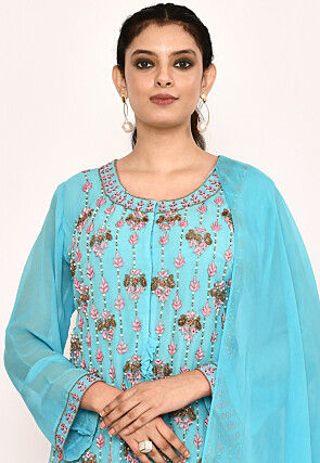 Hand Embroidered Georgette Lehenga in Sky Blue