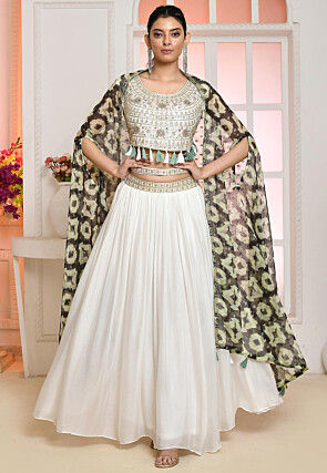 Hand Embroidered Georgette Lehenga in White