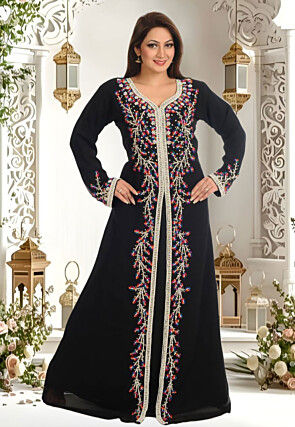 Hand Embroidered Georgette Moroccan Abaya in Black