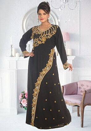 Hand Embroidered Georgette Moroccan Abaya in Black