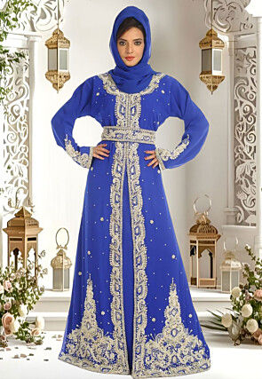 Hand Embroidered Georgette Moroccan Abaya in Blue