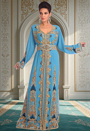 Hand Embroidered Georgette Moroccan Abaya in Blue