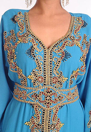 Hand Embroidered Georgette Moroccan Abaya in Blue