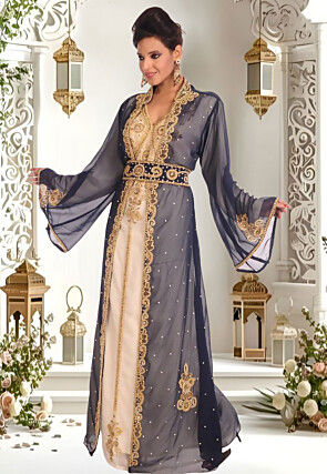 Hand Embroidered Georgette Moroccan Abaya in Cream