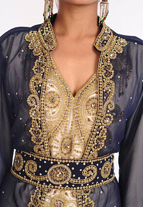 Hand Embroidered Georgette Moroccan Abaya in Cream