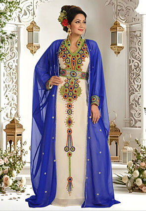 Hand Embroidered Georgette Moroccan Abaya in Cream