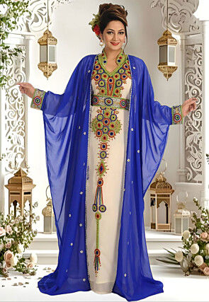 Hand Embroidered Georgette Moroccan Abaya in Cream